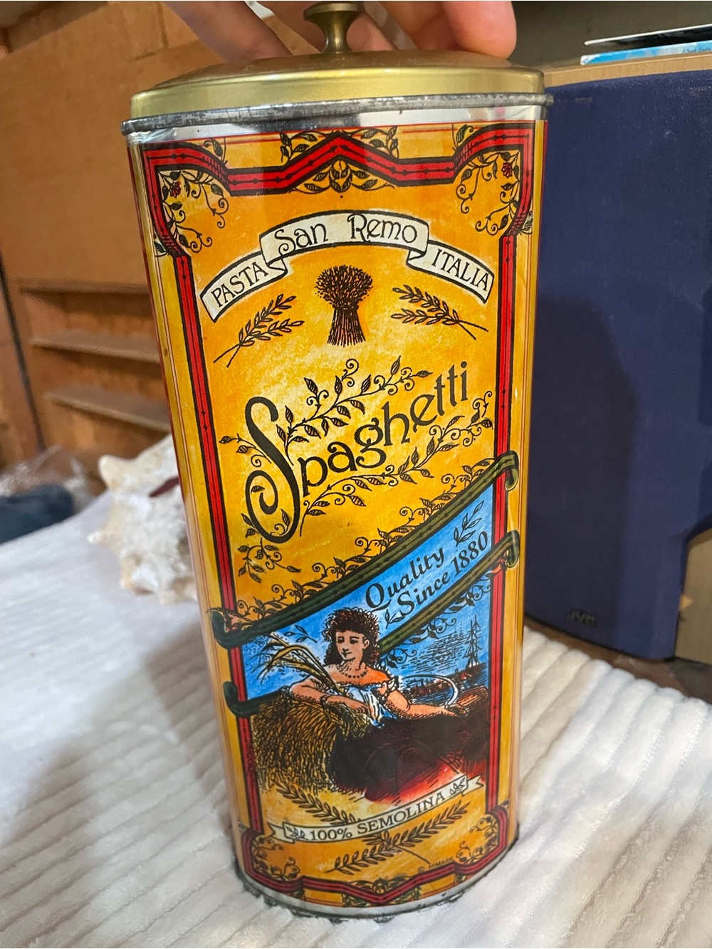 Vintage PastaTIN LITHO Metal Can SAN REMO Spaghetti Semolina Advertising 11.5”